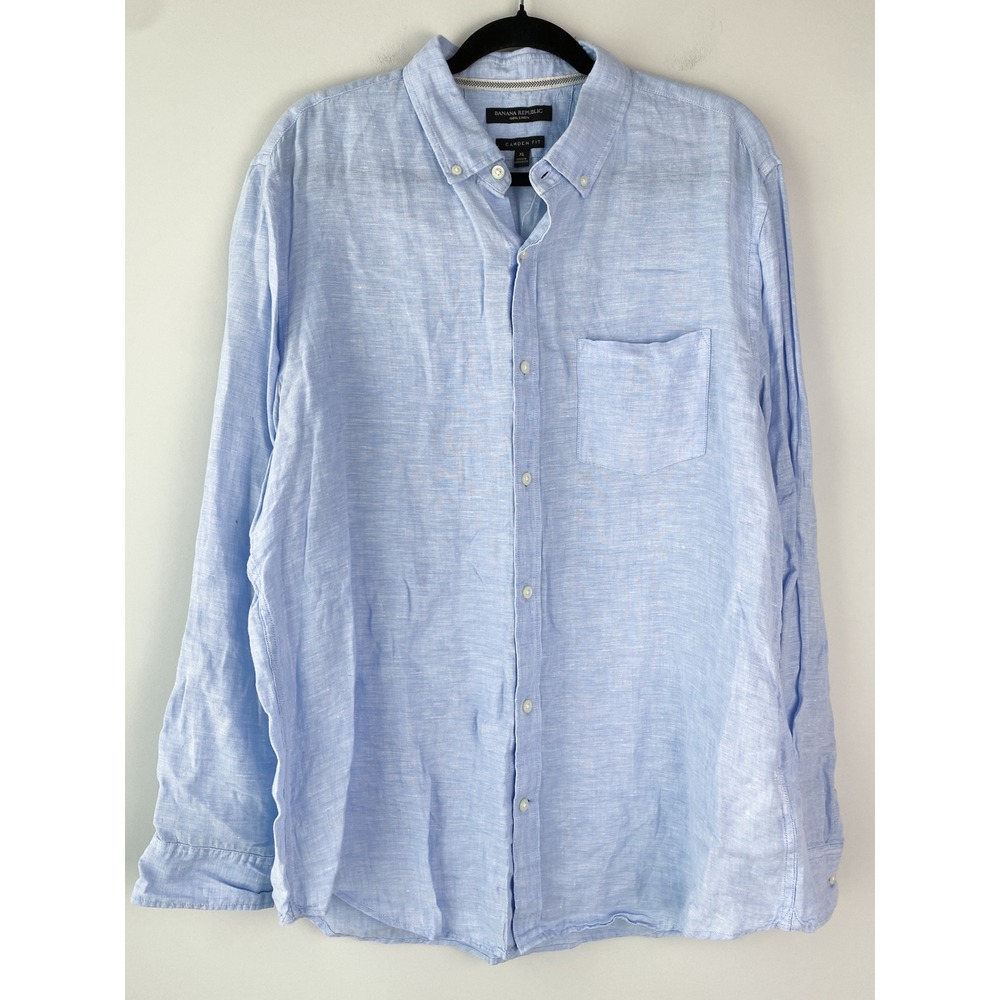 Banana Republic Mens 100% Linen Shirt XL Blue Camden Fit Long Sleeve Button Up